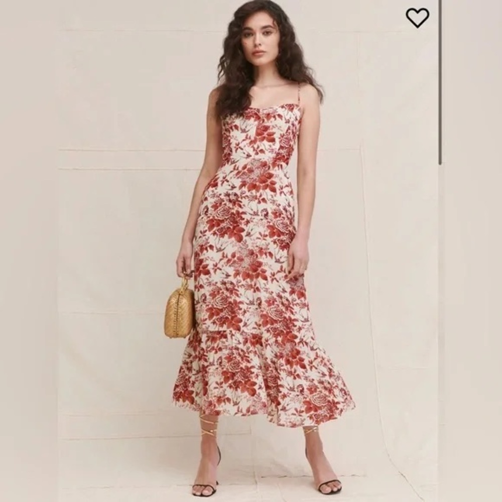 Reformation Emersyn dress in red toile de jouy